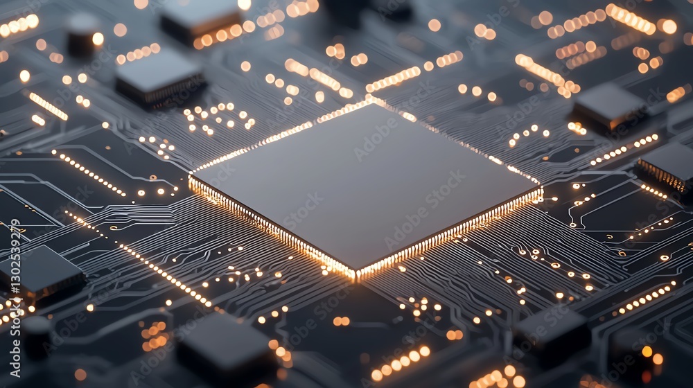 Poster close-up of a glowing microchip on a circuit board, showcasing advanced technology and electronics i