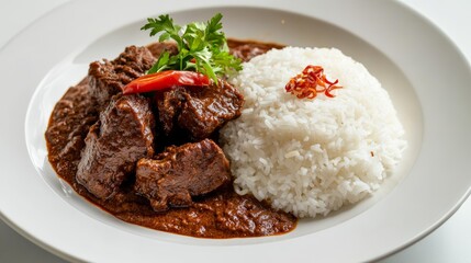 Artfully plated dish of plain rice and tender beef chunks in rich rendang sauce on white plate