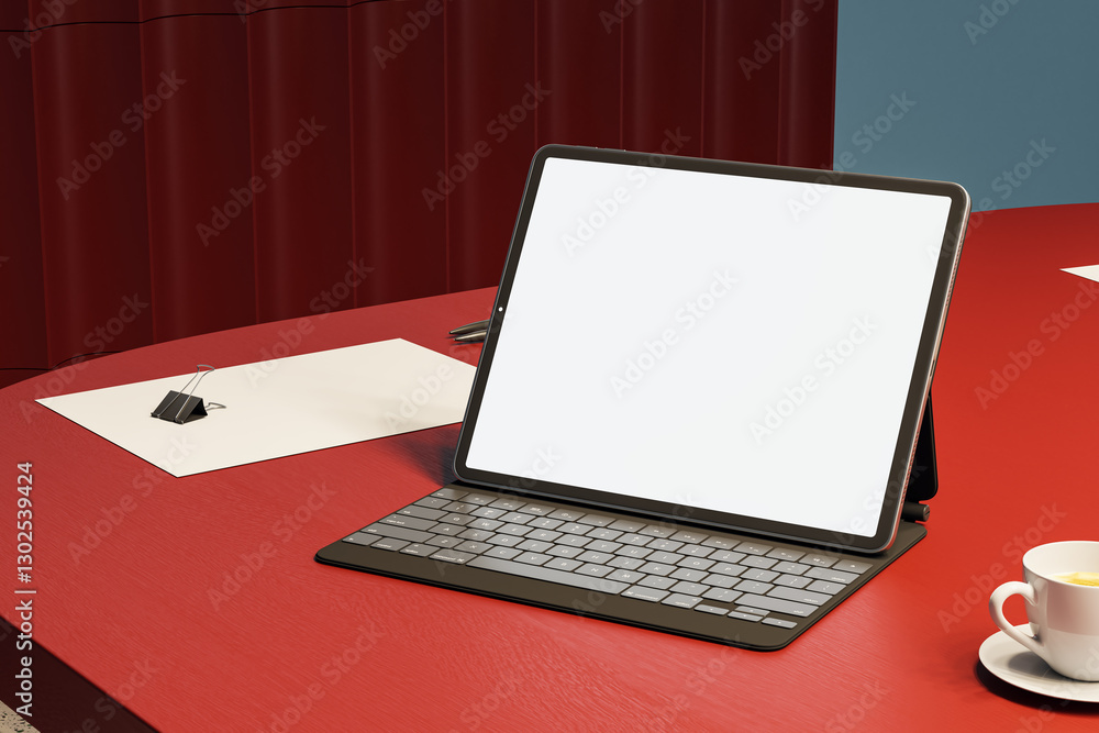 Leinwandbilder tablet with keyboard on red desk with coffee cup. 3d rendering