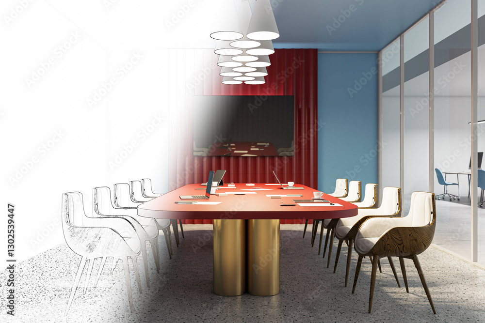 Aufkleber Modern Conference Room Design with Half Sketch and Half Realistic View. 3D Rendering