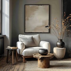 Serene Living Room with Abstract Art and Comfortable Chair