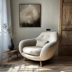 Serene Living Room with Armchair and Abstract Art