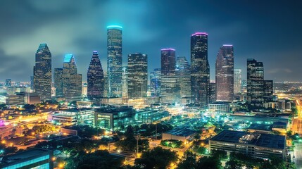 Fototapeta premium Night Lights of Houston Skyline: A Dazzling Urban Panorama
