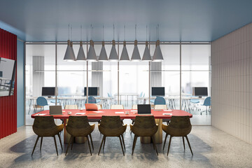 Modern conference room with red table and wooden chairs. 3D Rendering