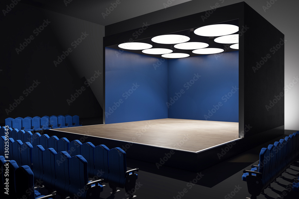 Poster modern empty stage with blue walls and circular ceiling lights in a dark theater interior. 3d render