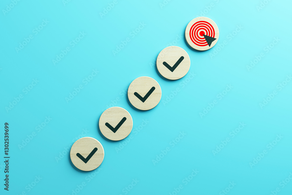 Poster Steps to success concept with check marks leading to a target. 3D Rendering