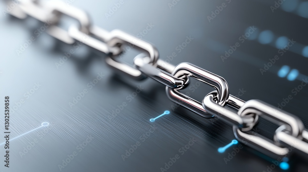 Poster close-up of a metal chain symbolizing digital security and connection on a tech background.
