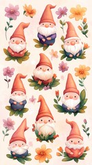 Cute garden gnomes stickers, various poses among flowers