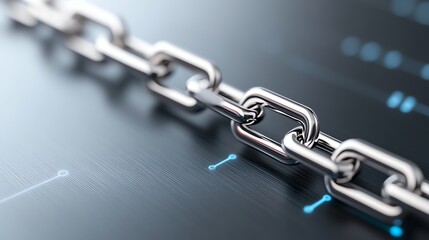 Obraz premium Close-up of a metal chain symbolizing digital security and connection on a tech background.