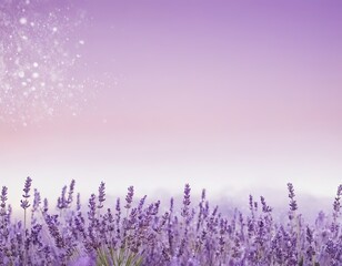 Naklejka premium Lavender field under a dreamy pastel sky at dusk, filled with soft bokeh lights.