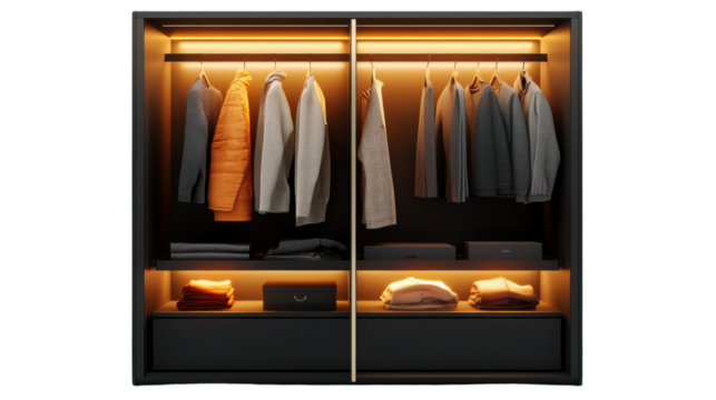 A sleek, modern wardrobe with sliding doors, partially open to reveal neatly folded sweaters and jackets, isolated on a transparent background with soft lighting highlighting the textures.