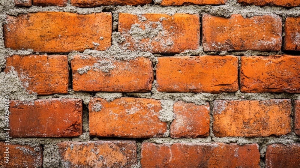 Poster close-up of fresh mortar spread between red bricks, creating a strong and durable wall structure.