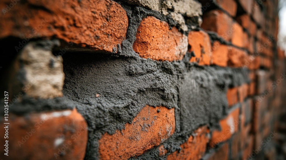 Poster close-up of fresh mortar spread between red bricks, creating a strong and durable wall structure.