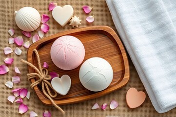 Rustic Spa Flat Lay with Bath Bombs, Wooden Tray, Surrounded by Blue Petals and Relaxing Elements 