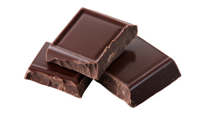 A single square of dark chocolate with a crisp break, revealing its inner texture, isolated on a transparent background to accentuate its luxurious shine and smooth edges.