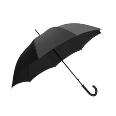 A black umbrella with a curved handle, isolated on white background .