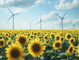 Sustainable harmony, Sunflowers dance beneath wind turbines against blue skies