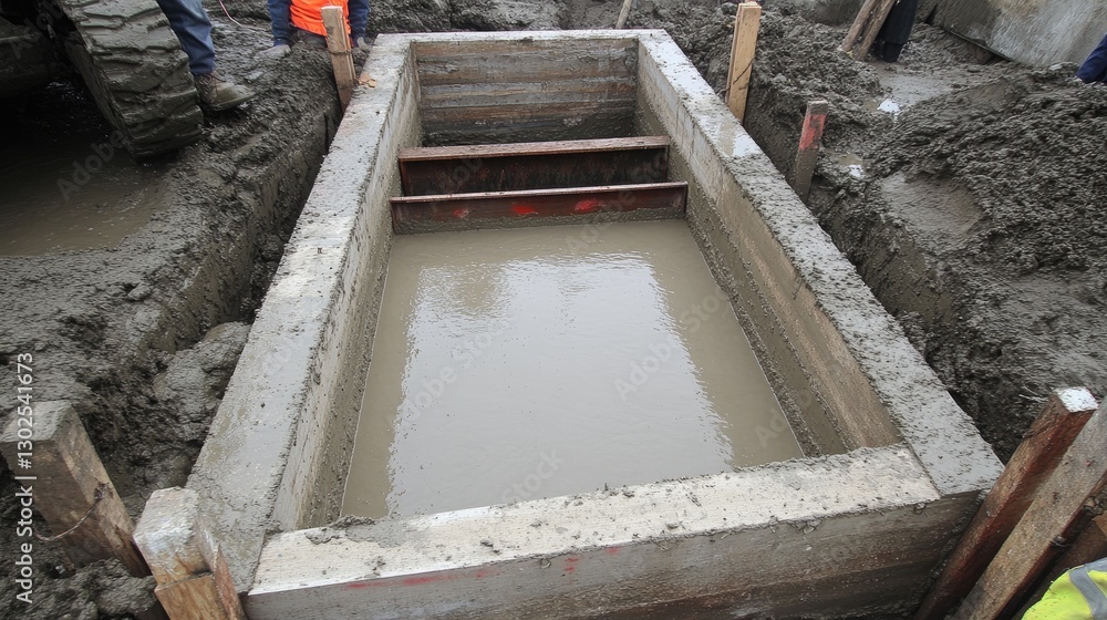 Poster concrete being carefully poured into a column formwork, showing the initial setting process.
