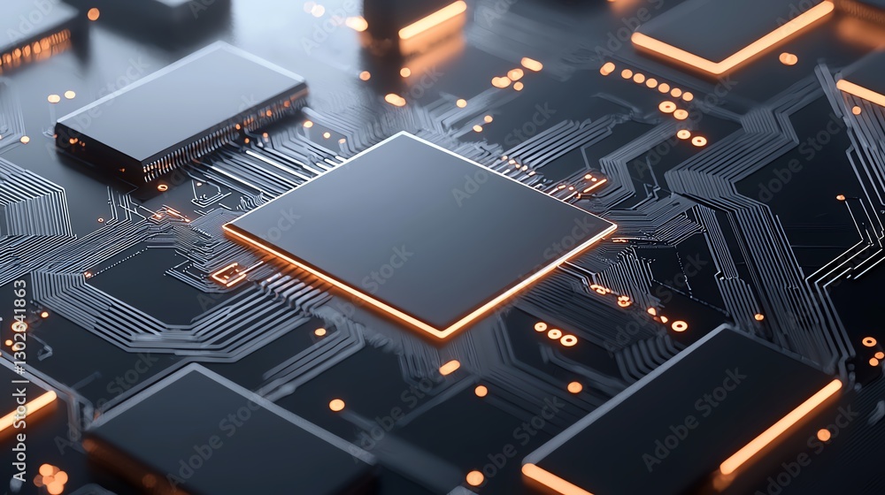 Aufkleber close-up of glowing computer microchips on a circuit board depicting modern technology and innovatio