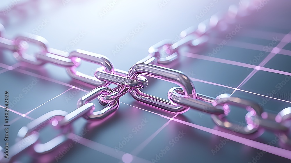 Poster close-up of interconnected metal chains in digital grid, symbolizing connection and strength.