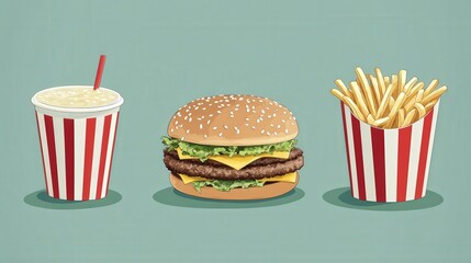 Delicious fast food meal with drink, burger, and crispy fries on a green background
