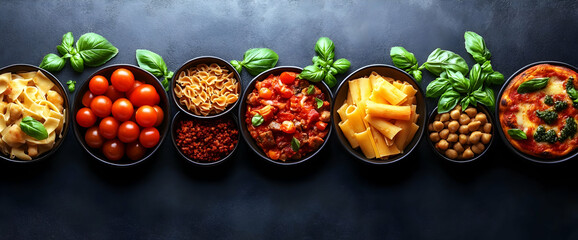 Assortment Of Italian Dishes In Black Bowls