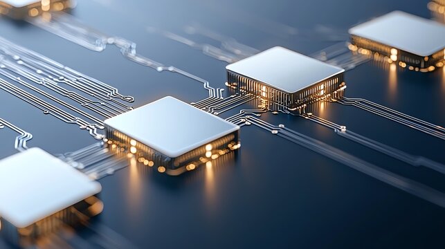 Close-up of interconnected microchips on a circuit board, representing modern technology and innovation.