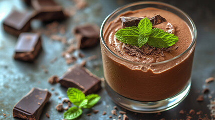 Decadent chocolate mousse with mint garnish served in a glass dish and surrounded by chocolate squares