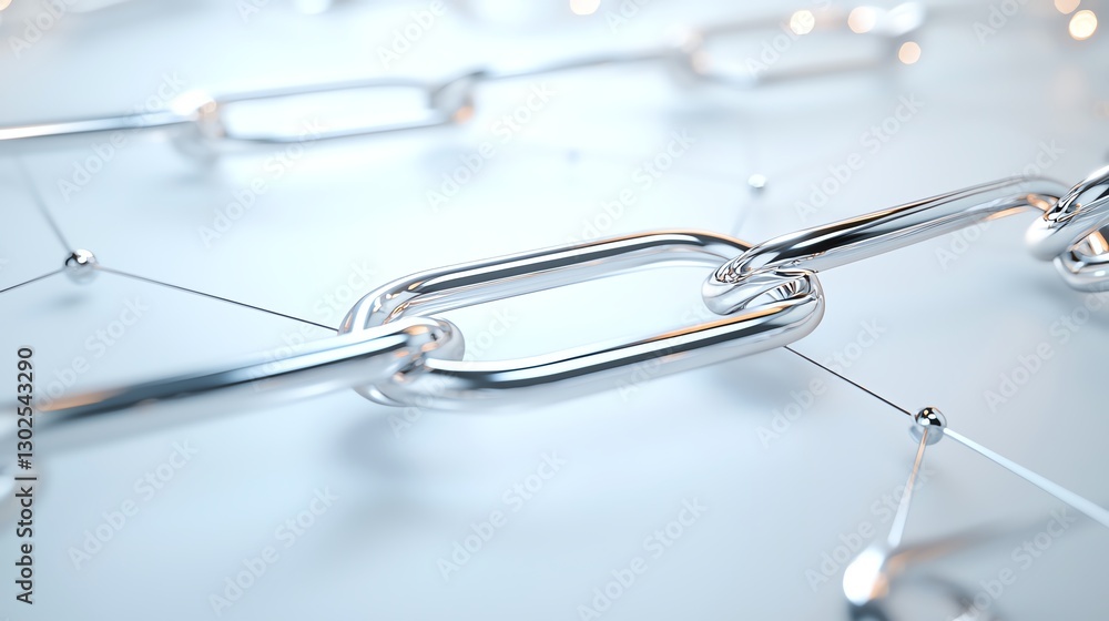 Poster close-up of shiny metal chain links connected on a digital network, symbolizing strength and technol