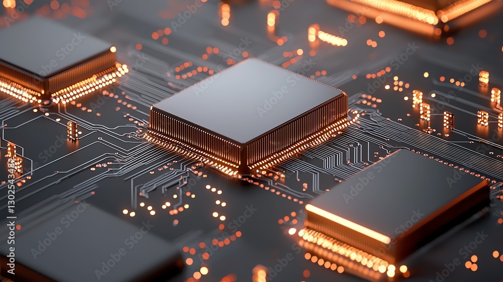 Poster close-up of modern microchip on a circuit board with glowing lines, representing advanced technology