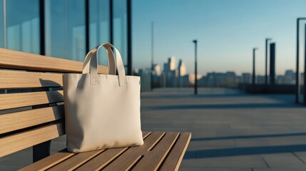 Empty tote bag on park bench, city view
