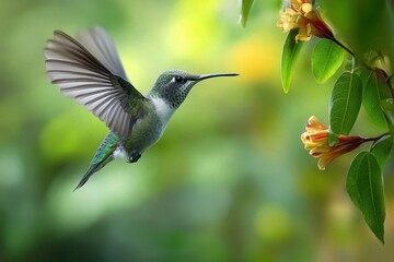 Naklejka premium Vibrant Hummingbird in Flight Among Colorful Flowers, Capturing the Essence of Nature's Grace
