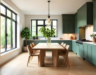Fototapeta premium A modern kitchen with dark green cabinetry, Wooden dining table and chairs.