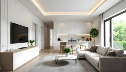 A modern living room with white color built-in kitchen pantry and tv cabinet.