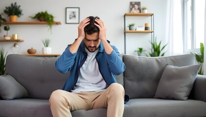 A man sitting on a gray sofa in a modern living room, looking stressed or worried, with his hands on his head. The room has plants, decorative items on shelves, and soft lighting. He wears a blue jack
