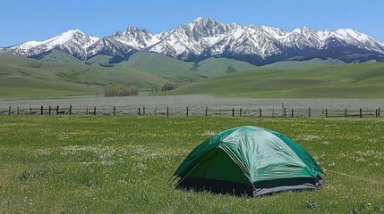 Vibrant Green Tent Against Majestic Snow-Capped Mountain Range