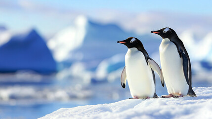 Naklejka premium Two adorable penguins stand peacefully on a snowy plain among icy icebergs, enjoying the silence and majestic nature of Antarctica