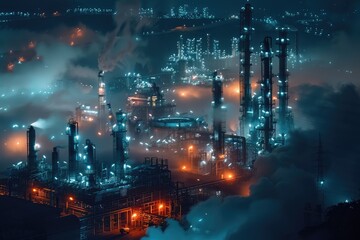 Nighttime industrial landscape showcasing illuminated factories emitting smoke amidst a foggy environment
