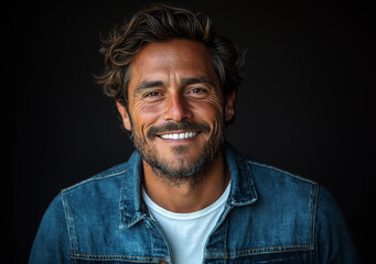 Fototapeta premium Smiling Man in Denim Shirt – Cinematic-Style Portrait Photography with Black Background, High-Quality Studio Shot, Professional Lighting, Perfect for Branding and Marketing Use