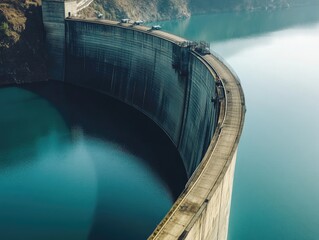 Imposing concrete dam holding back a vast turquoise reservoir under hazy skies