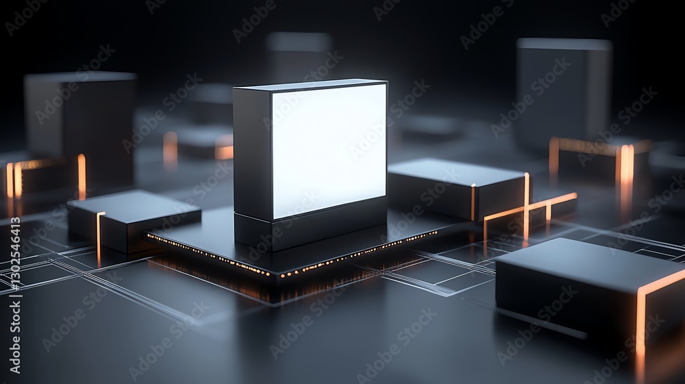 Poster futuristic circuit board with glowing elements. central cube symbolizes modern technology and innova