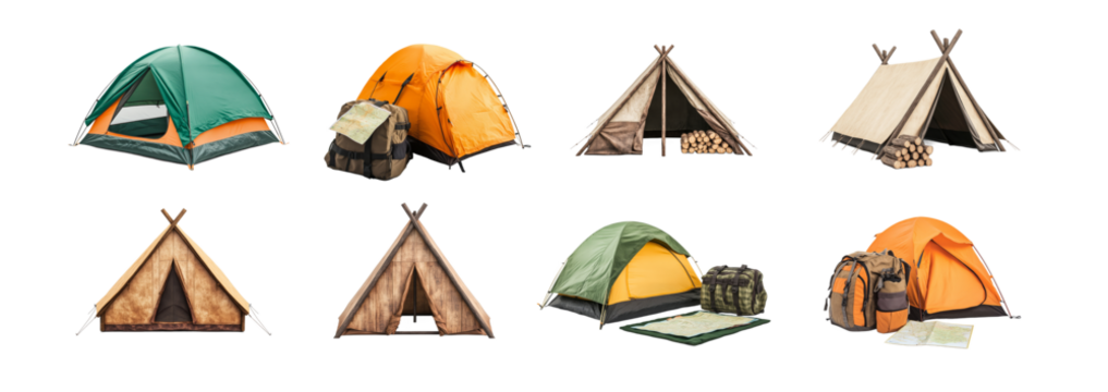 Different camping tents and gear styles