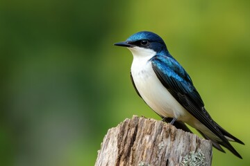 Naklejka premium Tree Swallow Perched Gracefully on a Stump Amidst Lush Nature