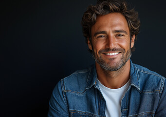 Obraz premium Smiling Man in Denim Shirt – Cinematic-Style Portrait Photography with Black Background, High-Quality Studio Shot, Professional Lighting, Perfect for Branding and Marketing Use