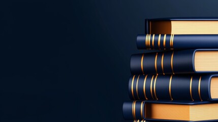 A stack of elegant, dark blue books with golden accents against a deep blue background