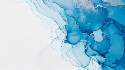 Fototapeta premium 高級感のある薄くて淡いアルコールインクアート 水色 ブルー マーブル模様 余白あり 背景素材 チラシ・バナー素材 AI生成素材