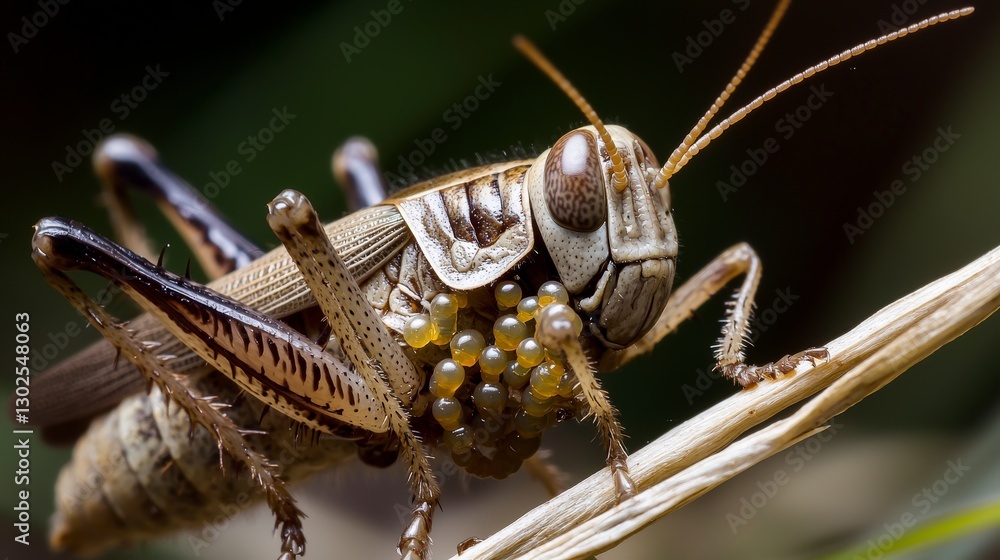 Poster nature's cycle closeup photography of parasitic larvae on grasshopper in a macro insect habitat