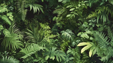 Naklejka premium Dense Lush Tropical Foliage with Various Green Leaves in a Natural Background