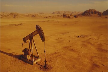 Desert Oil Pump Jack in Arid Landscape Under Dusty Sky with Distant Mountains