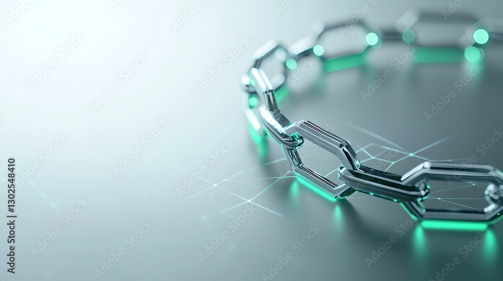 Poster futuristic digital chain link glowing with neon lights, symbolizing blockchain and connectivity on a